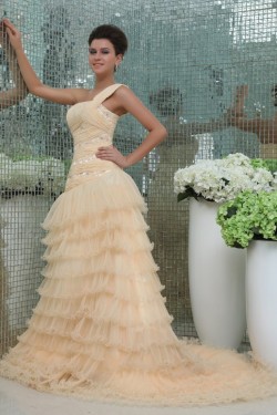A-Line One-Shoulder Long Yellow Prom Evening Formal Party Dresses ED010087