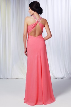 Sheath/Column Beaded Long Pink Chiffon Prom Evening Formal Dresses ED011002