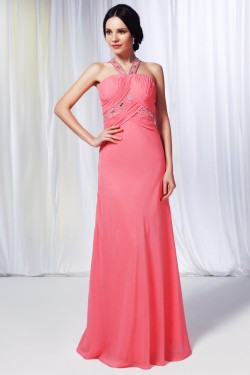 Sheath/Column Beaded Long Pink Chiffon Prom Evening Formal Dresses ED011002