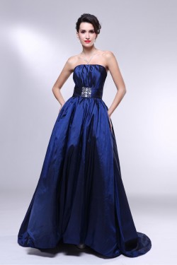 A-Line Strapless Beaded Blue Taffeta Prom Evening Formal Dresses ED011006