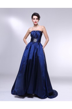 A-Line Strapless Beaded Blue Taffeta Prom Evening Formal Dresses ED011006
