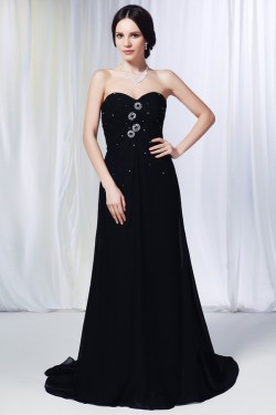 A-Line Sweetheart Beaded Long Black Chiffon Prom Evening Formal Dresses ED011014