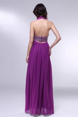 A-Line Halter Beaded Split-Front Long Purple Chiffon Prom Evening Formal Dresses ED011017