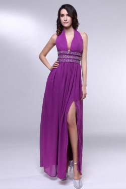 A-Line Halter Beaded Split-Front Long Purple Chiffon Prom Evening Formal Dresses ED011017