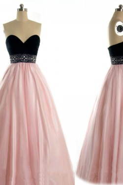A-Line Sweetheart Black Pink Beaded Long Prom Evening Formal Dresses ED011023