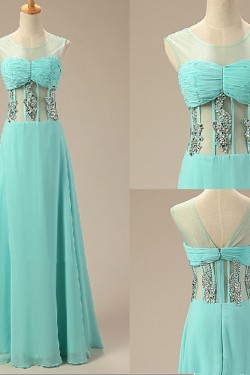 A-Line Jewel Beaded Long Blue Chiffon Prom Evening Formal Dresses ED011024