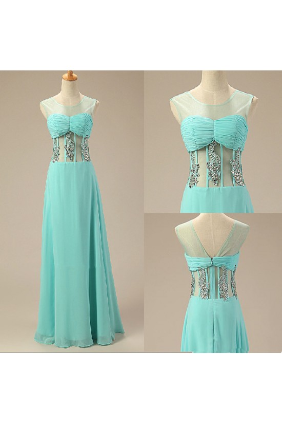 A-Line Jewel Beaded Long Blue Chiffon Prom Evening Formal Dresses ED011024