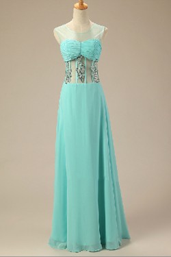 A-Line Jewel Beaded Long Blue Chiffon Prom Evening Formal Dresses ED011024