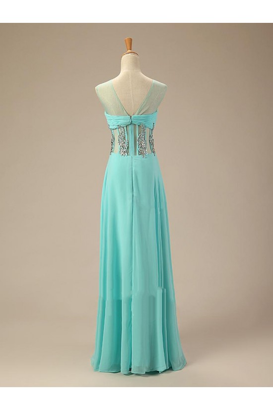 A-Line Jewel Beaded Long Blue Chiffon Prom Evening Formal Dresses ED011024