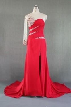 Sheath Beaded One Long Sleeve Long Red Chiffon Prom Evening Formal Dresses ED011025