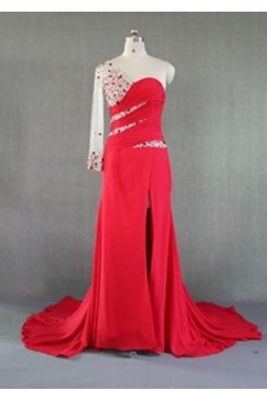 Sheath Beaded One Long Sleeve Long Red Chiffon Prom Evening Formal Dresses ED011025