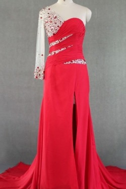 Sheath Beaded One Long Sleeve Long Red Chiffon Prom Evening Formal Dresses ED011025