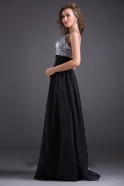 A-Line Beaded Sequins Long Black Chiffon Prom Evening Formal Dresses ED011029