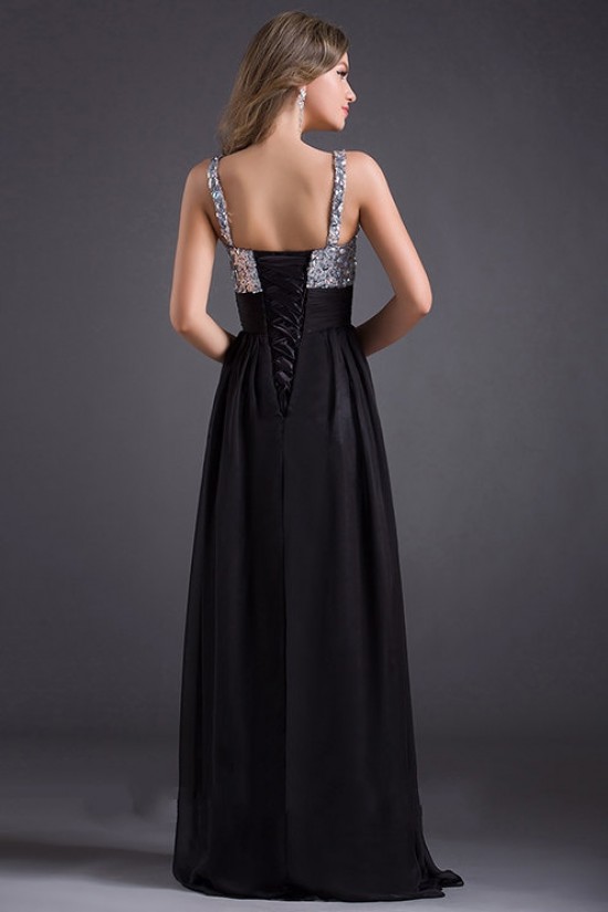 A-Line Beaded Sequins Long Black Chiffon Prom Evening Formal Dresses ED011029