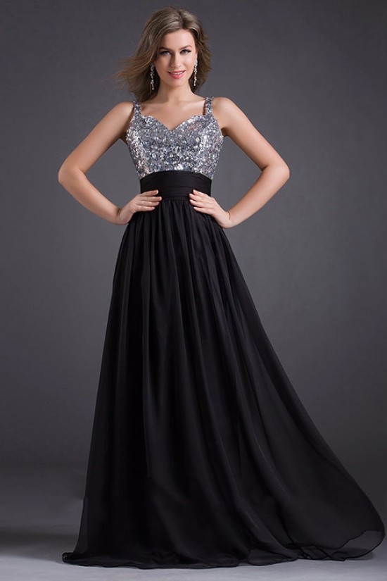A-Line Beaded Sequins Long Black Chiffon Prom Evening Formal Dresses ED011029