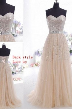 A-Line Sweetheart Beaded Tulle Long Prom Evening Formal Dresses ED011030
