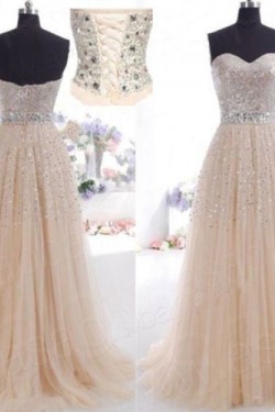 A-Line Sweetheart Beaded Tulle Long Prom Evening Formal Dresses ED011030