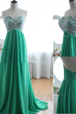 A-Line Sweetheart Beaded Long Green Chiffon Prom Evening Formal Dresses ED011032