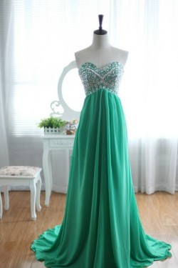 A-Line Sweetheart Beaded Long Green Chiffon Prom Evening Formal Dresses ED011032
