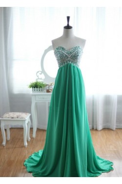 A-Line Sweetheart Beaded Long Green Chiffon Prom Evening Formal Dresses ED011032