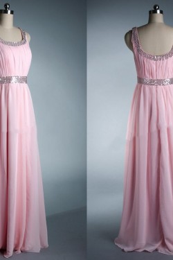 A-Line Beaded Long Pink Chiffon Prom Evening Formal Dresses ED011033