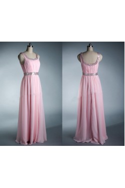 A-Line Beaded Long Pink Chiffon Prom Evening Formal Dresses ED011033