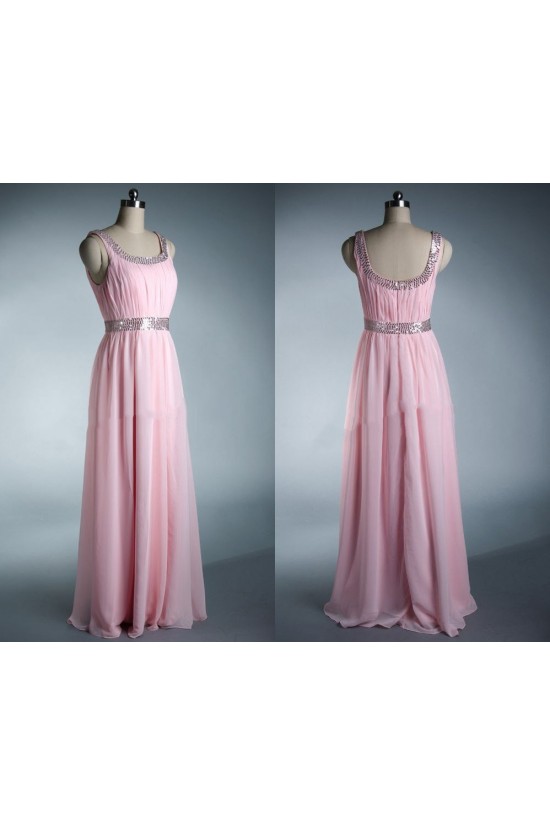 A-Line Beaded Long Pink Chiffon Prom Evening Formal Dresses ED011033