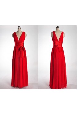A-Line V-Neck Long Red Chiffon Prom Evening Formal Bridesmaid Dresses ED011034