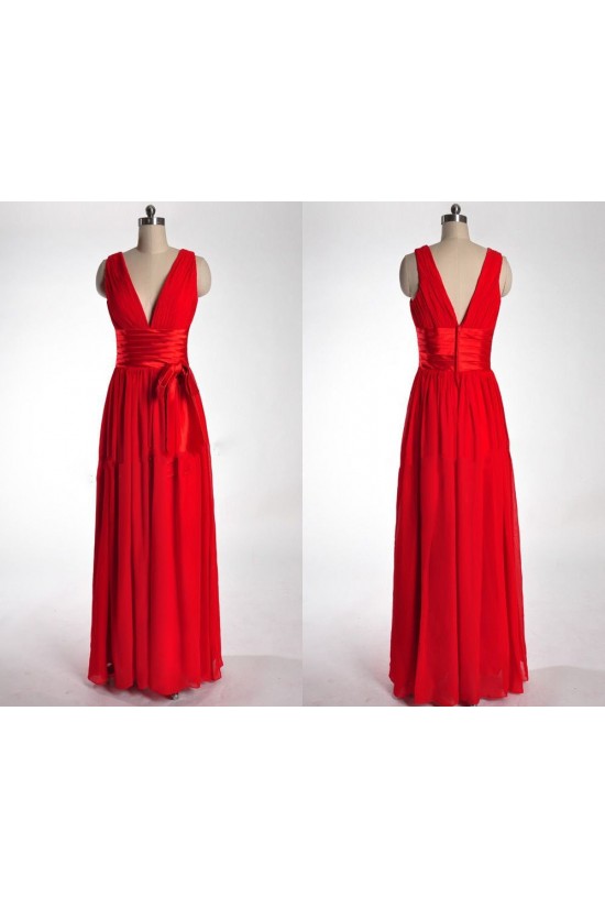 A-Line V-Neck Long Red Chiffon Prom Evening Formal Bridesmaid Dresses ED011034