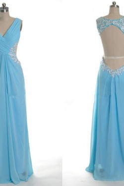 Sheath/Column V-Neck Beaded Applique Long Blue Chiffon Prom Evening Formal Dresses ED011035