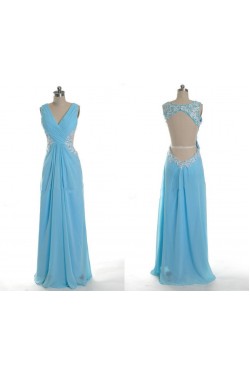Sheath/Column V-Neck Beaded Applique Long Blue Chiffon Prom Evening Formal Dresses ED011035