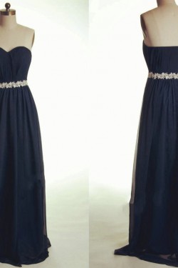 A-Line Sweetheart Long Navy Blue Chiffon Prom Evening Formal Dresses ED011037