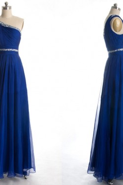 A-Line One-Shoulder Beaded Long Blue Chiffon Prom Evening Formal Dresses ED011038