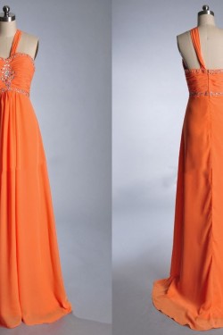 A-Line One-Shoulder Beaded Long Chiffon Prom Evening Formal Dresses ED011039