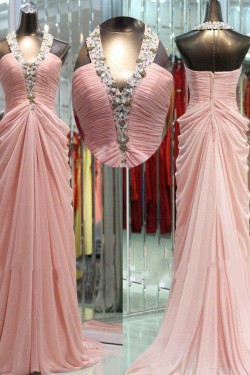 Sheath/Column Halter Beaded Long Pink Chiffon Prom Evening Formal Dresses ED011040