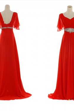 A-Line Short Sleeve Beaded Long Red Chiffon Prom Evening Formal Dresses ED011041