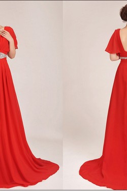 A-Line Short Sleeve Beaded Long Red Chiffon Prom Evening Formal Dresses ED011041