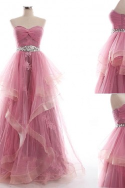 A-Line Sweetheart Beaded Appliques Tulle Long Prom Evening Formal Dresses ED011042