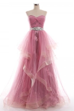 A-Line Sweetheart Beaded Appliques Tulle Long Prom Evening Formal Dresses ED011042