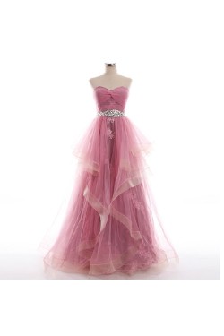 A-Line Sweetheart Beaded Appliques Tulle Long Prom Evening Formal Dresses ED011042