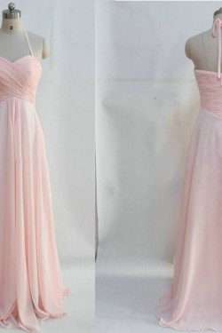 A-Line Halter Long Pink Chiffon Prom Evening Bridesmaid Dresses ED011046