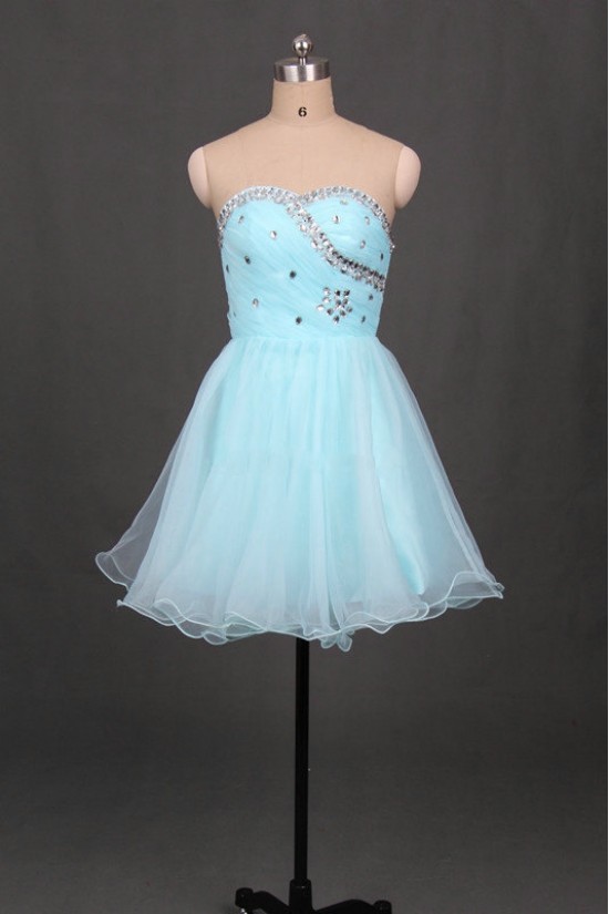 A-Line Beaded Strapless Short Blue Prom Evening Formal Dresses ED011052