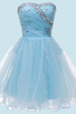 A-Line Beaded Strapless Short Blue Prom Evening Formal Dresses ED011052