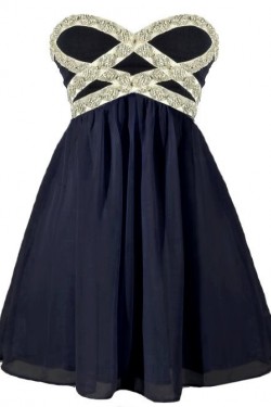 A-Line Sweetheart Beaded Navy Blue Short Chiffon Prom Evening Cocktail Dresses ED011054