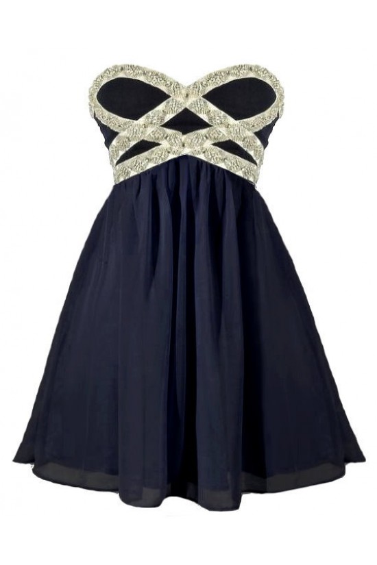 A-Line Sweetheart Beaded Navy Blue Short Chiffon Prom Evening Cocktail Dresses ED011054