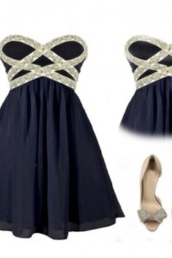 A-Line Sweetheart Beaded Navy Blue Short Chiffon Prom Evening Cocktail Dresses ED011054