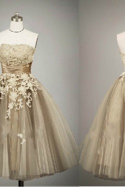 A-Line Strapless Tea Length Tulle Prom Evening Formal Dresses ED011058