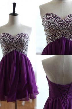 A-Line Sweetheart Beaded Short Purple Chiffon Prom Evening Formal Dresses ED011059