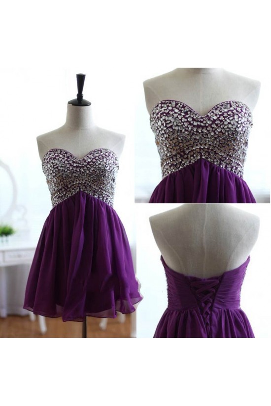A-Line Sweetheart Beaded Short Purple Chiffon Prom Evening Formal Dresses ED011059