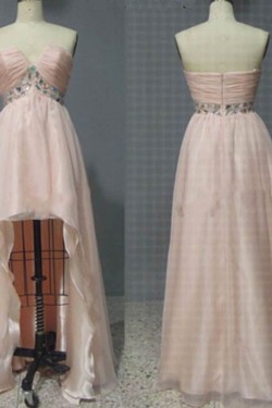 High Low Sweetheart Beaded Pink Chiffon Prom Evening Formal Dresses ED011060